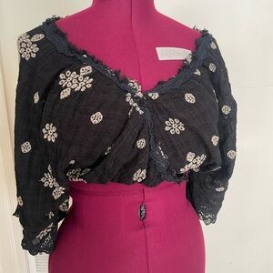 Free People Black and Cream Floral Blouse
